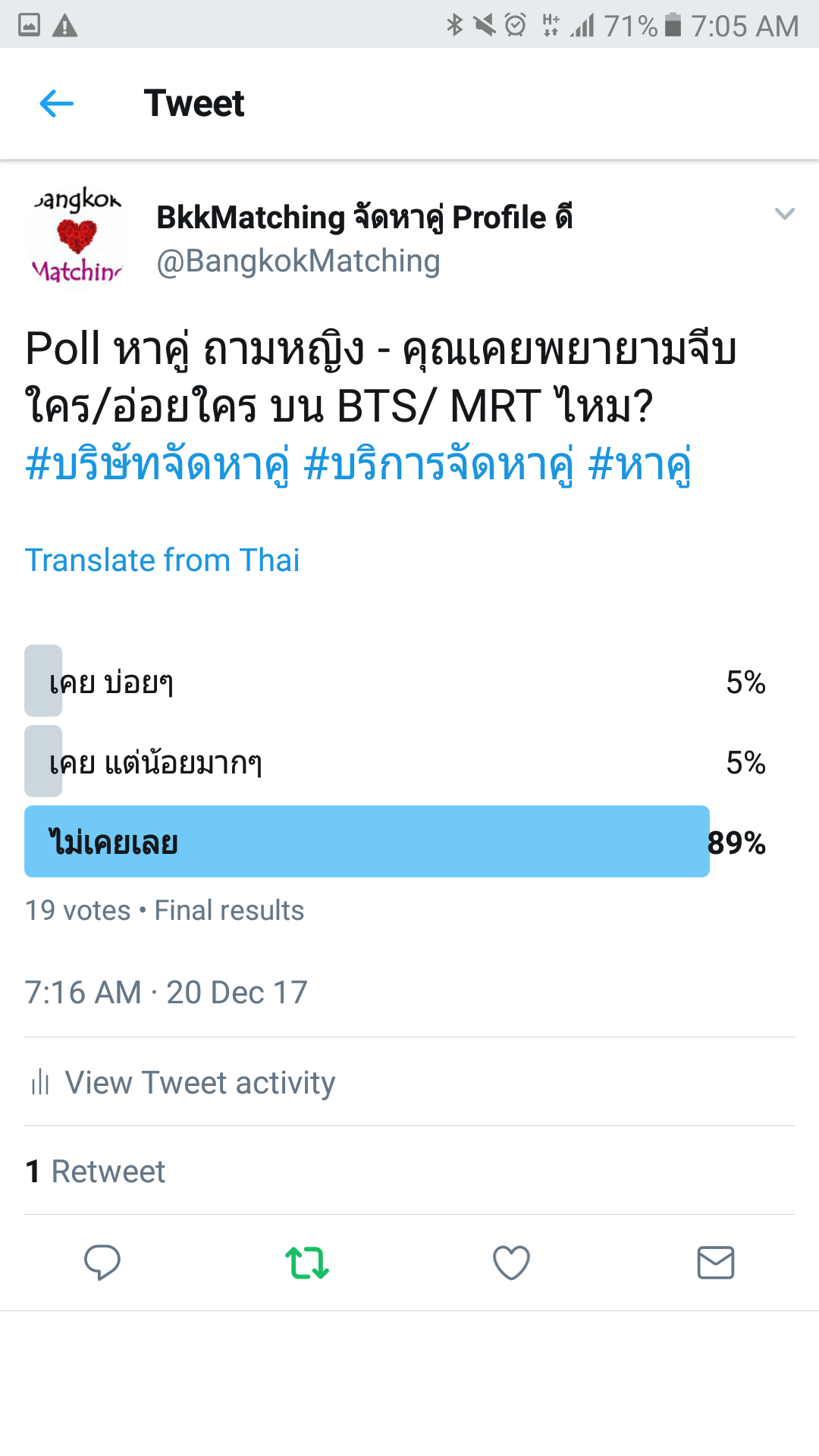 poll หาคู่ หาแฟน บริษัทจัดหาคู่ ถามว่าคุณเคยพยายามจีบใคร บน BTS MRT ไหม?