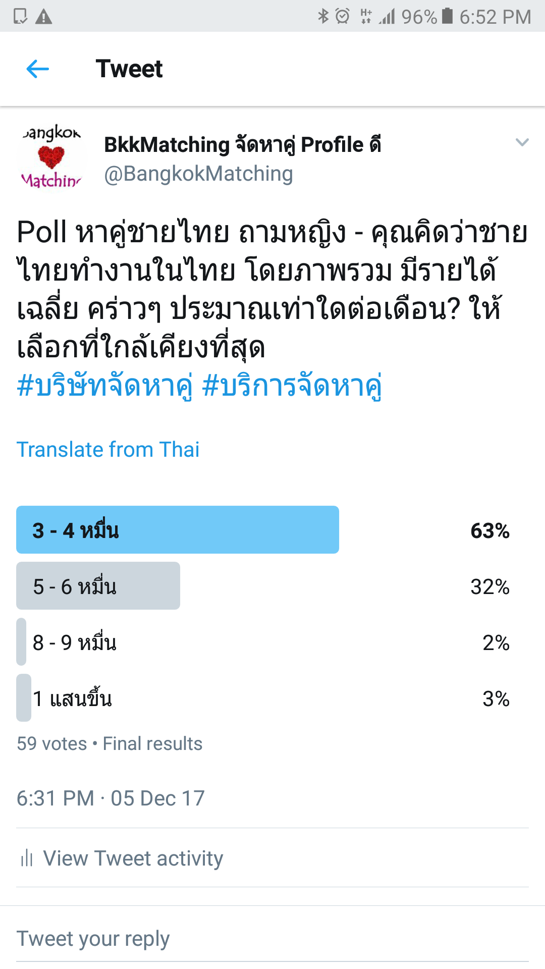 Poll หาคู่ บริษัทจัดหาคู่ แบงคอก แมทชิ่ง ถามว่าคิดว่าชายไทยได้รายได้เดือนเท่าใด