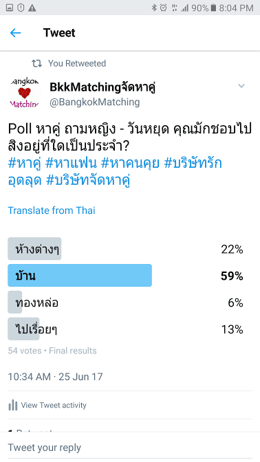 “Dating” Poll of BangkokMatching Dating and “Matchmaking” Agency asking where they like to hang out mostly on the weekend.